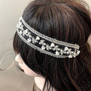 This & That Bead Embroidered Mesh Pearls Lace Headband Leafy Floral Design